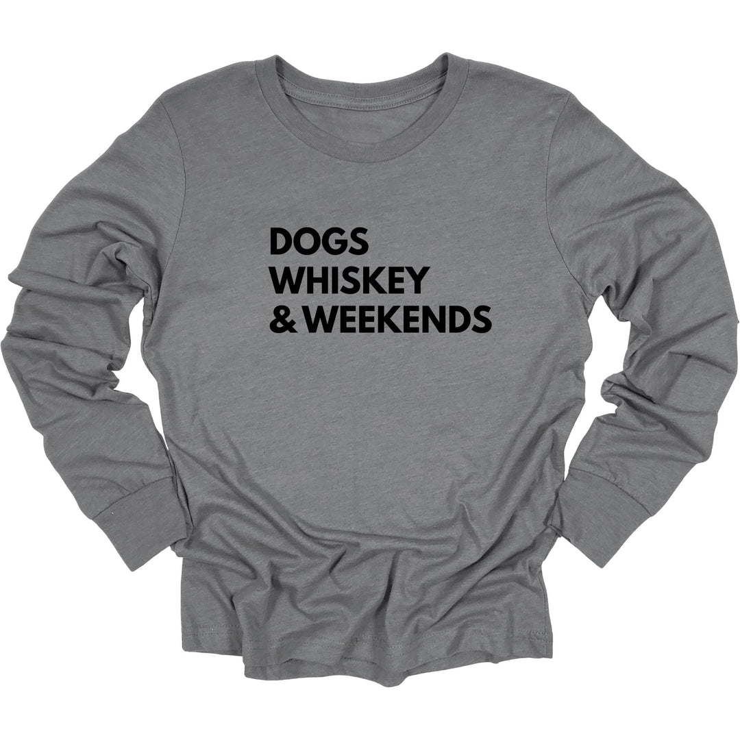 Classic long sleeve deep heather gray t-shirt with simple text Dogs Whiskey & Weekends