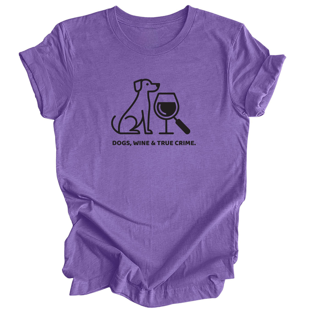Purple t-shirt with a graphic of a dog, wine glass, and text 'DOGS, WINE & TRUE CRIME.' on a white background.