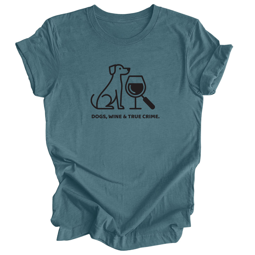 Teal t-shirt with a graphic of a dog, wine glass, and text 'DOGS, WINE & TRUE CRIME' on a white background.