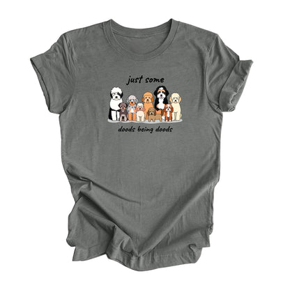 Deep Heather gray shirt featuring a group of doodle dogs with the text 'Just some doods being doods.'