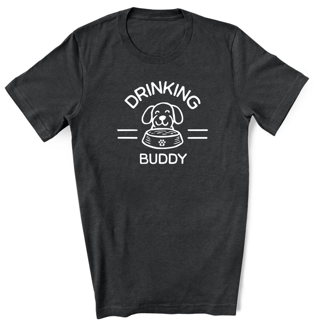 Dark heather gray t-shirt featuring featuring a dog and a dog bowl with the text 'Drinking Buddy.' Perfect for dog lovers who enjoy taking their furry friends to outdoor patios and breweries.