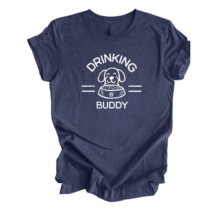 Heather NAVY t-shirt featuring featuring a dog and a dog bowl with the text 'Drinking Buddy.' Perfect for dog lovers who enjoy taking their furry friends to outdoor patios and breweries.