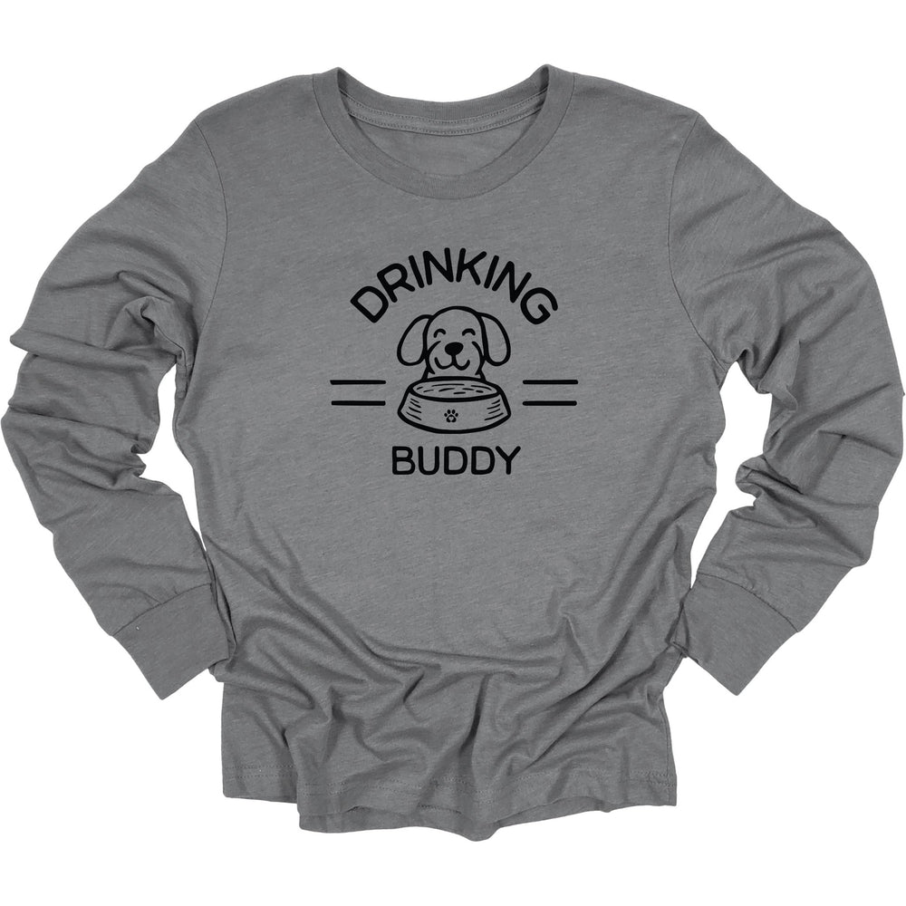 Drinking buddy long sleeve heather gray shirt with a dog behind a dog bowl of water with text "Drinking Buddy"