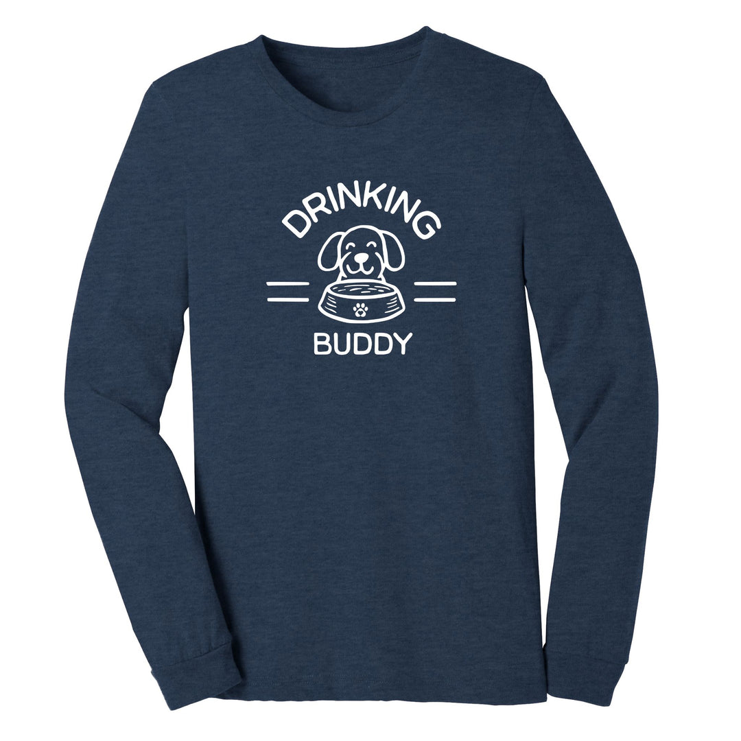 Drinking buddy long sleeve heather navy shirt. Features dog behind dog bowl.