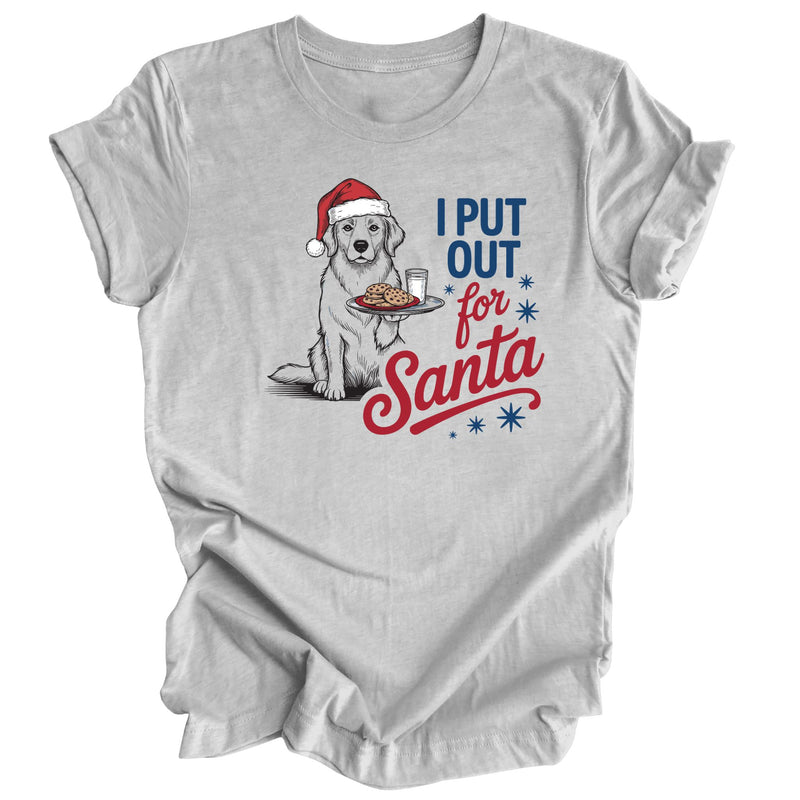 Heather gray Christmas shirt featuring a dog in a Santa hat holding milk and cookies