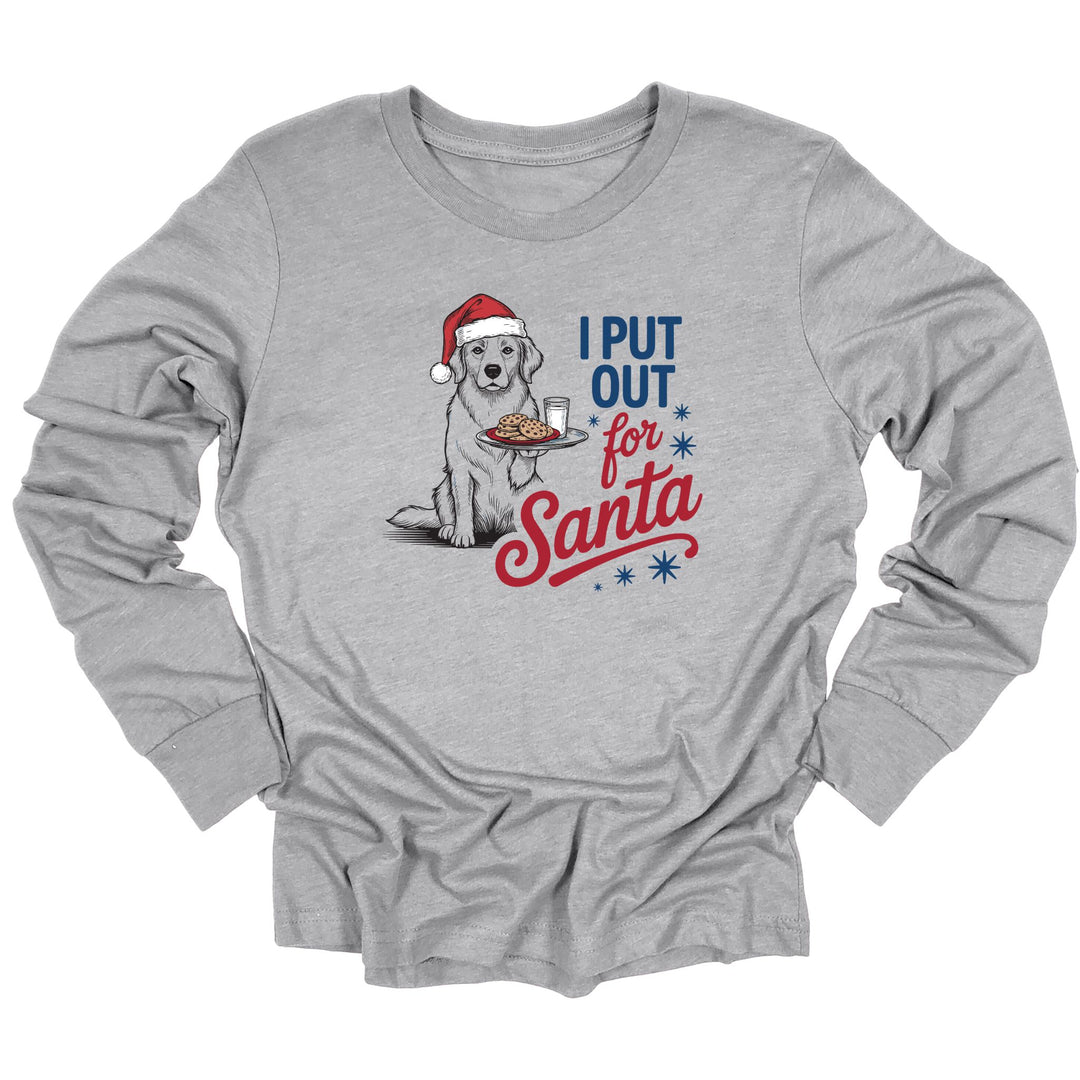 Gray long-sleeve shirt with a Christmas-themed graphic of a dog and text on a white background