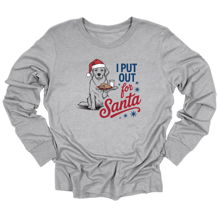Gray long-sleeve shirt with a Christmas-themed graphic of a dog and text on a white background