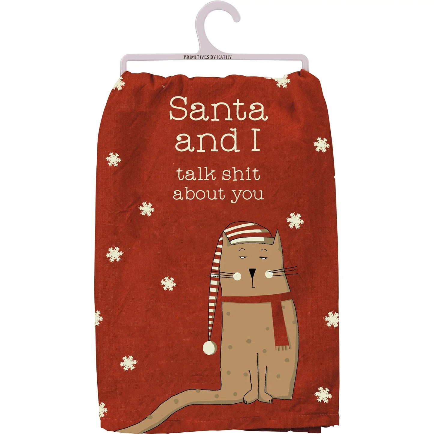 Rustic red cotton kitchen towel with cat in Santa hat and text “Santa and I talk shit about you” displayed on retail hanger.