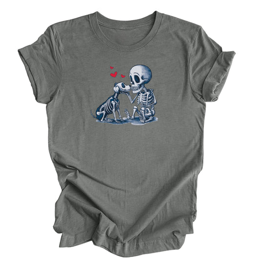 Furever Love Halloween t-shirt in deep heather  fray – skeleton petting dog with hearts design
