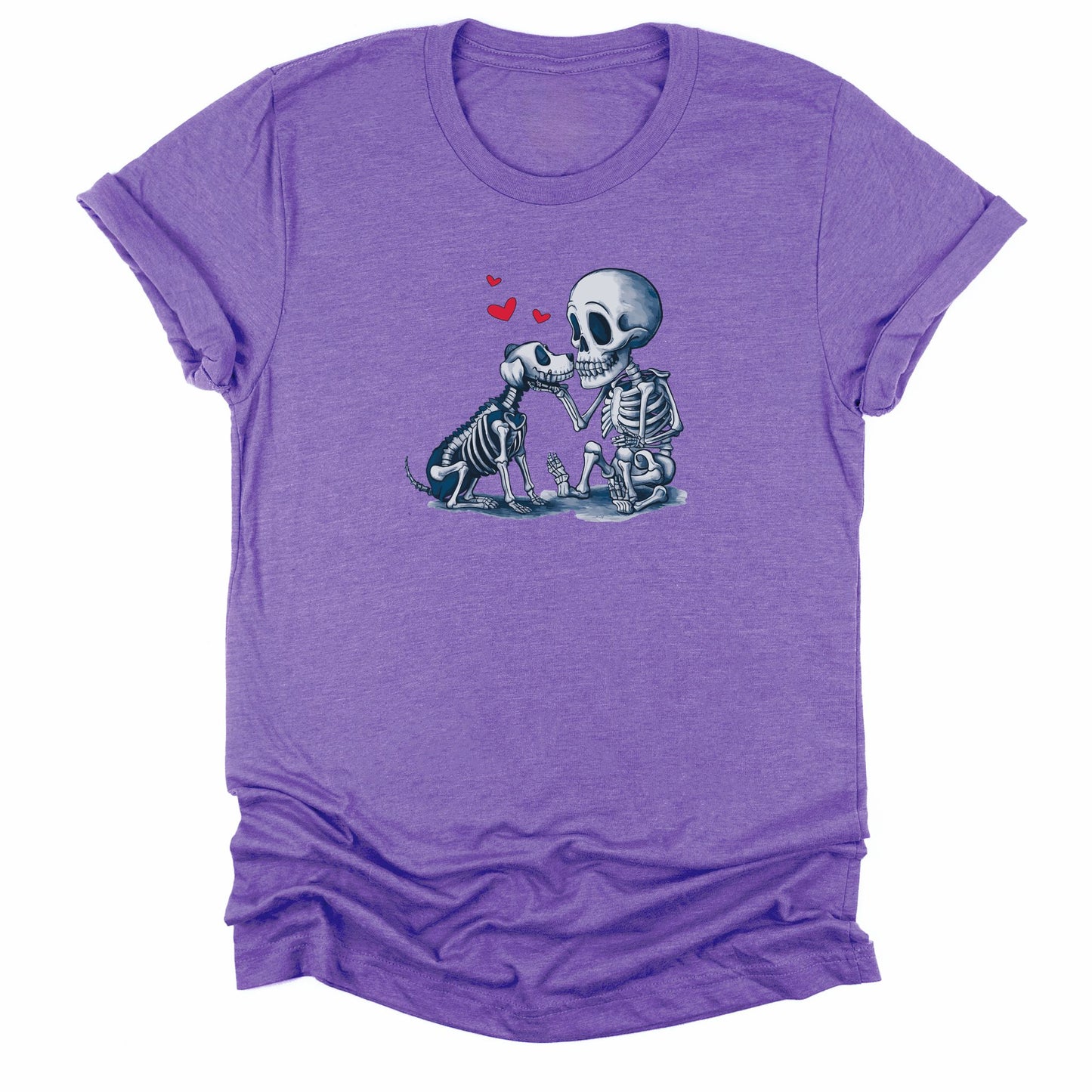 Furever Love Halloween t-shirt in heather purple – skeleton petting dog with hearts design