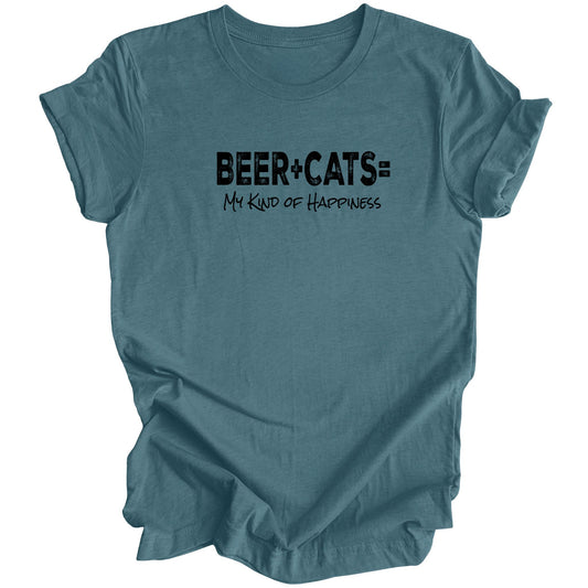 Heather Teal shirt with distressed text that says "Beer + Cats =  My Kind of Happiness"
