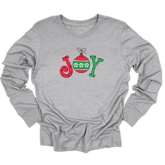 Long sleeve gray shirt with a pet themed whimsical "JOY"