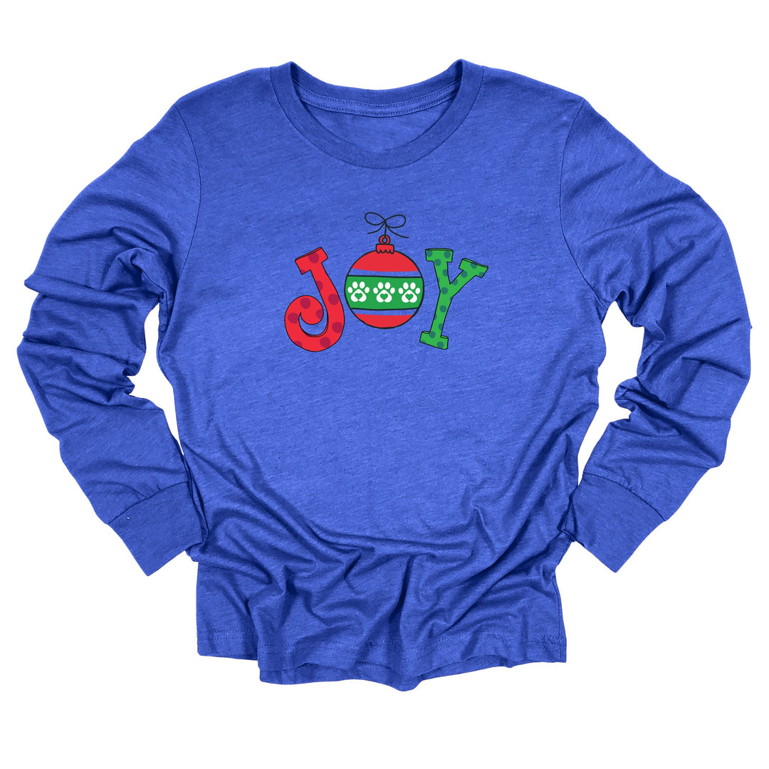 Long sleeve blue shirt with a pet themed whimsical "JOY"