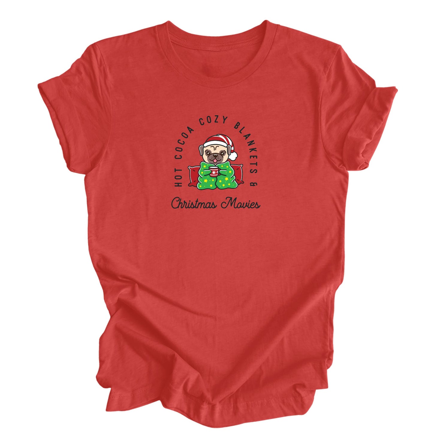 A cozy Christmas-themed shirt in heather red featuring a pug enjoying a hot beverage and snuggling under a blanket.