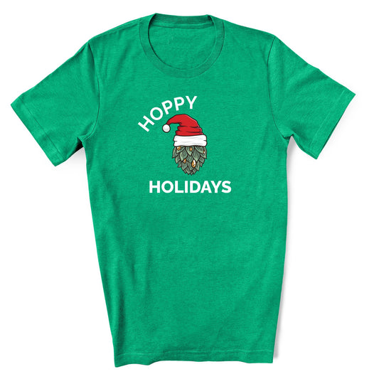 Heather kelly Green shirt that says Hoppy Holidays in white text. In the middle of the text features a hop with a santa hat. Funny Christmas shirt for beer lover