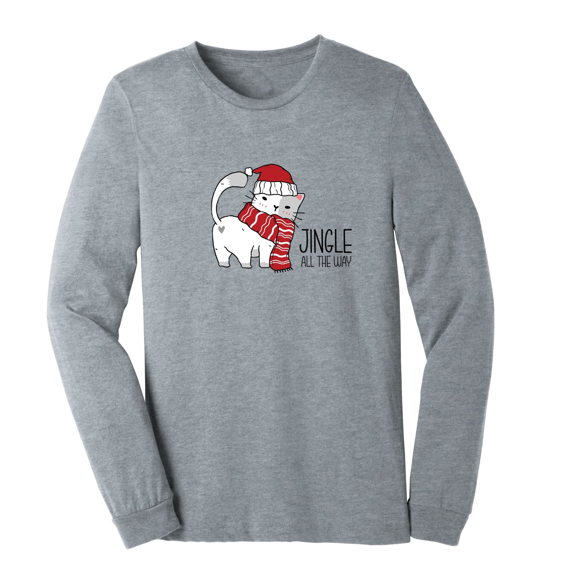Gray long-sleeve shirt with a cat in a Santa hat and red and white scarf looking back. In black text "Jinge All the Way"