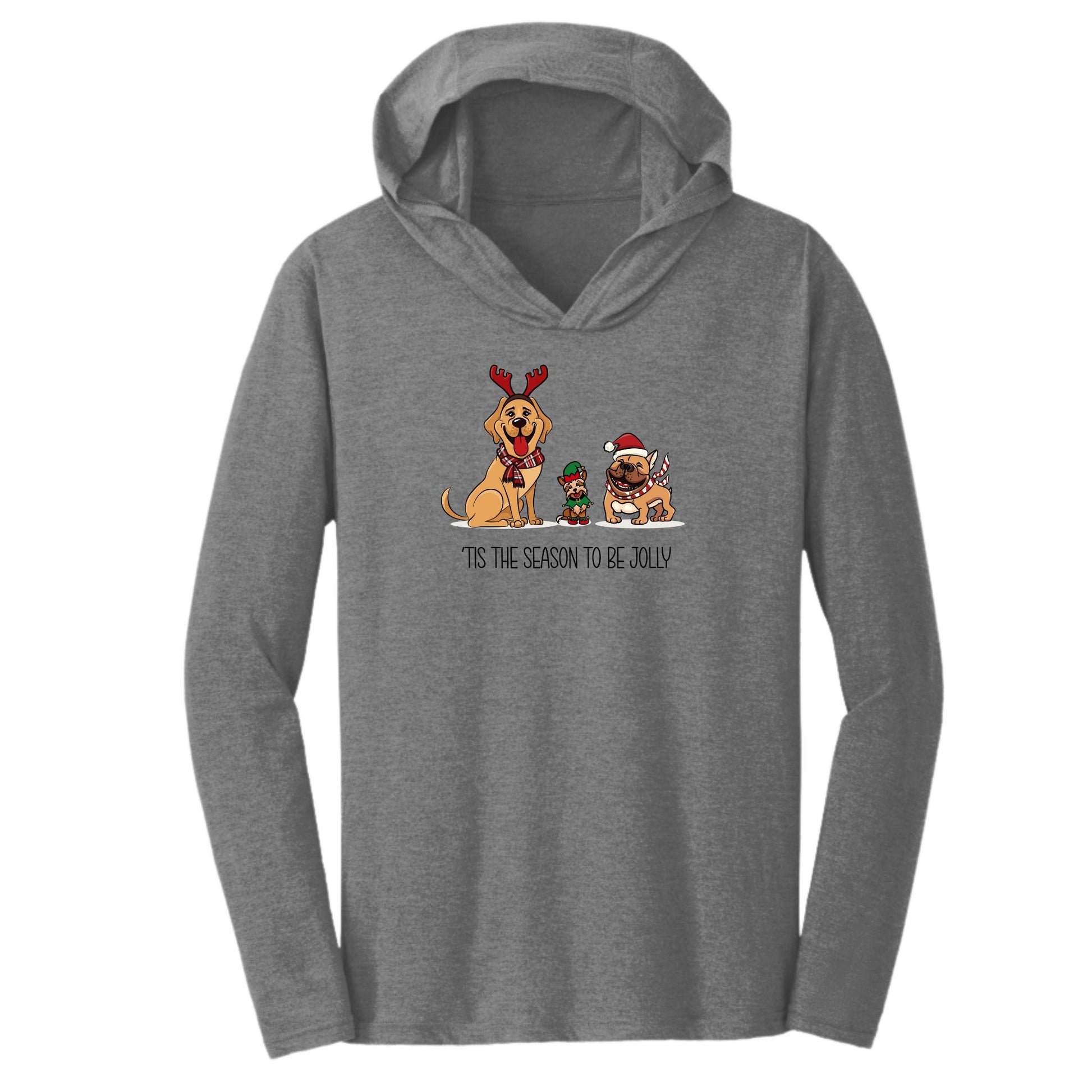 Festive triblend t-shirt hoodie in heather true royal featuring three happy dogs, two in Santa hats and one in an elf hat, perfect for dog lovers and holiday celebrations.