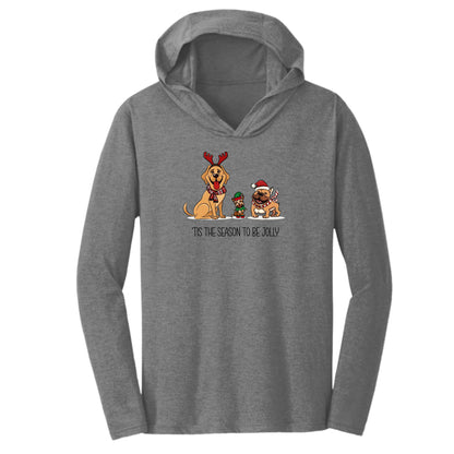 Festive triblend t-shirt hoodie in heather true royal featuring three happy dogs, two in Santa hats and one in an elf hat, perfect for dog lovers and holiday celebrations.