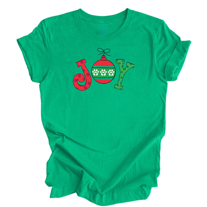 Green t-shirt with "Joy" in a whimsical font. The "O" is an ornament with paw prints.