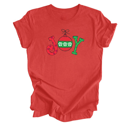 Heather Red t-shirt with "Joy" in a whimsical font. The "O" is an ornament with paw prints.