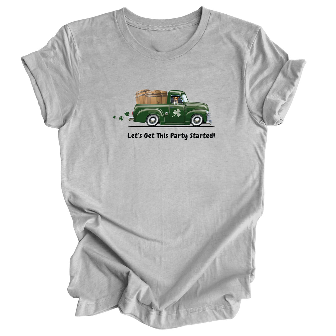 Gray t-shirt with a graphic of a green truck with a dog and keg barrels in the back and text on a white background