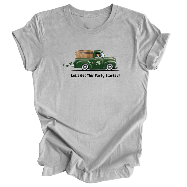 Gray t-shirt with a graphic of a green truck with a dog and keg barrels in the back and text on a white background