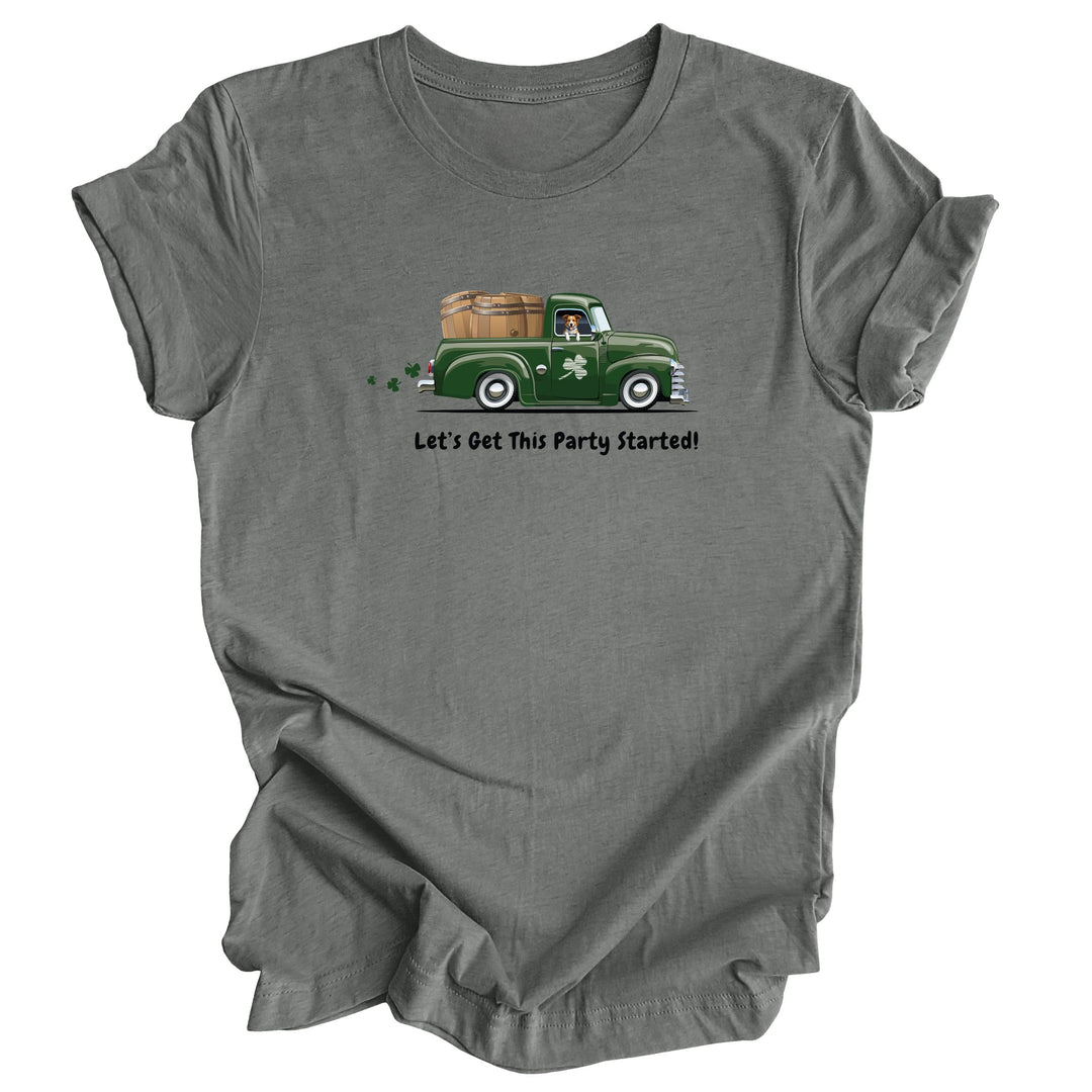 St Patricks Day shirt with a graphic of a cute dog, green truck and text 'Let's Get This Party Started!' on a white background