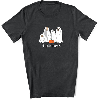 Dark Gray Heather Halloween Shirt featuring a group of dogs dressed in ghost costumes