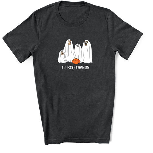 Dark Gray Heather Halloween Shirt featuring a group of dogs dressed in ghost costumes