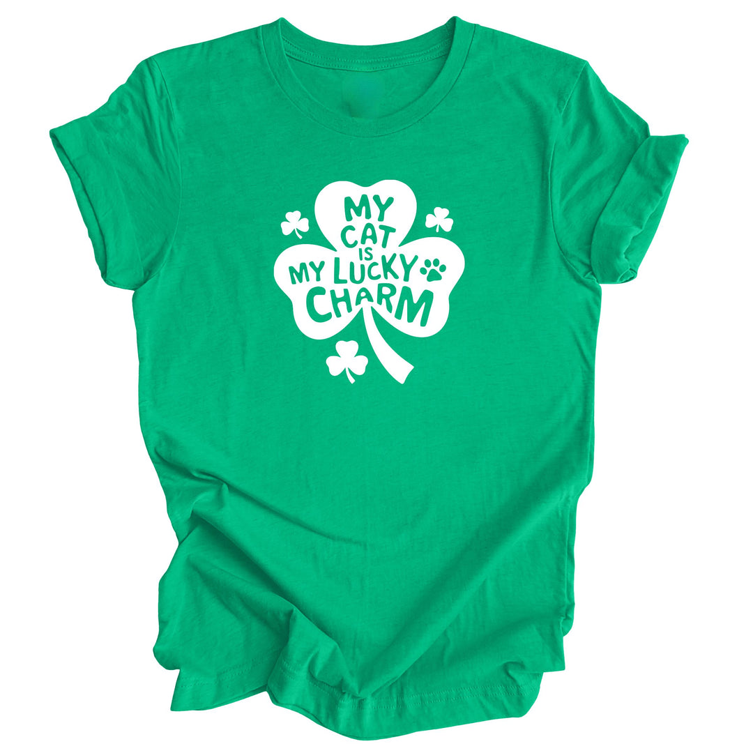Heather Kelly Shirt with the text in white "My Cat is My Lucky Charm" inside a shamrock - St. Patrick's Day Shirt for Cat Lover