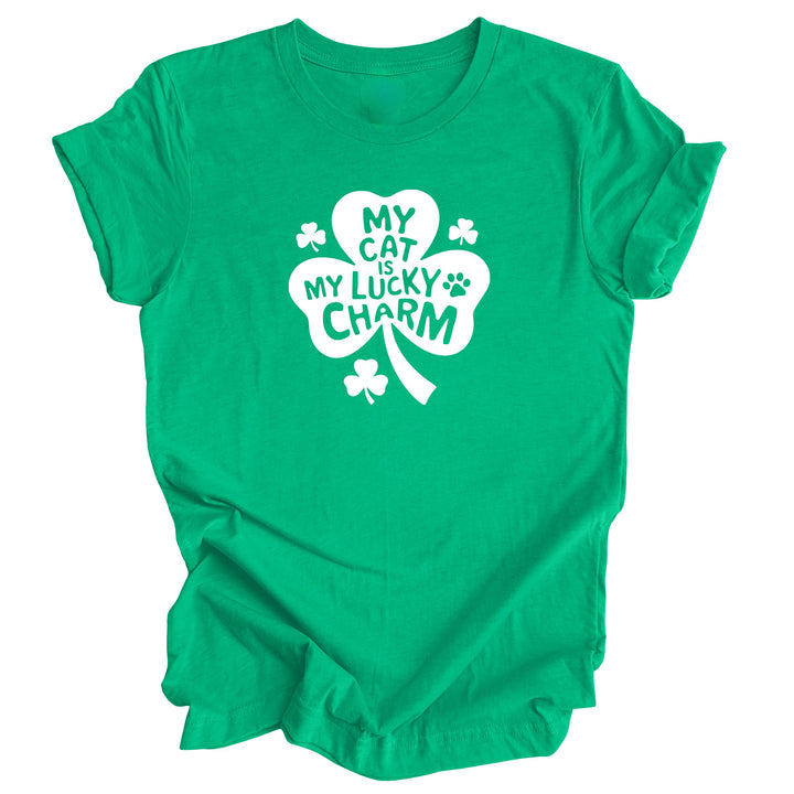 Heather Kelly Shirt with the text in white "My Cat is My Lucky Charm" inside a shamrock - St. Patrick's Day Shirt for Cat Lover