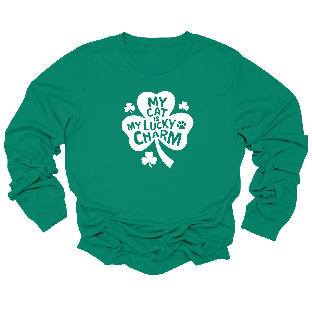 Green long-sleeve t-shirt with the text 'MY CAT IS MY LUCKY CHARM' and a shamrock design.