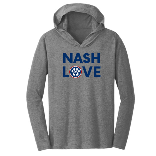 Gray t-shirt hoodie - triblend with "Nash Love" on the front in blue font. The 'O' features Paw print with a heart.