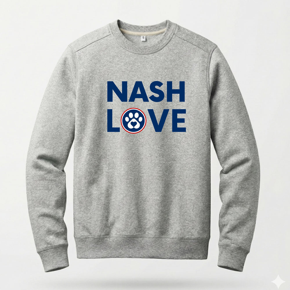 Gray sweatshirt with 'NASH LOVE' text and paw print design on a white background