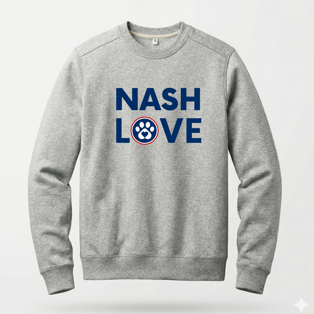 Gray sweatshirt with 'NASH LOVE' text and paw print design on a white background