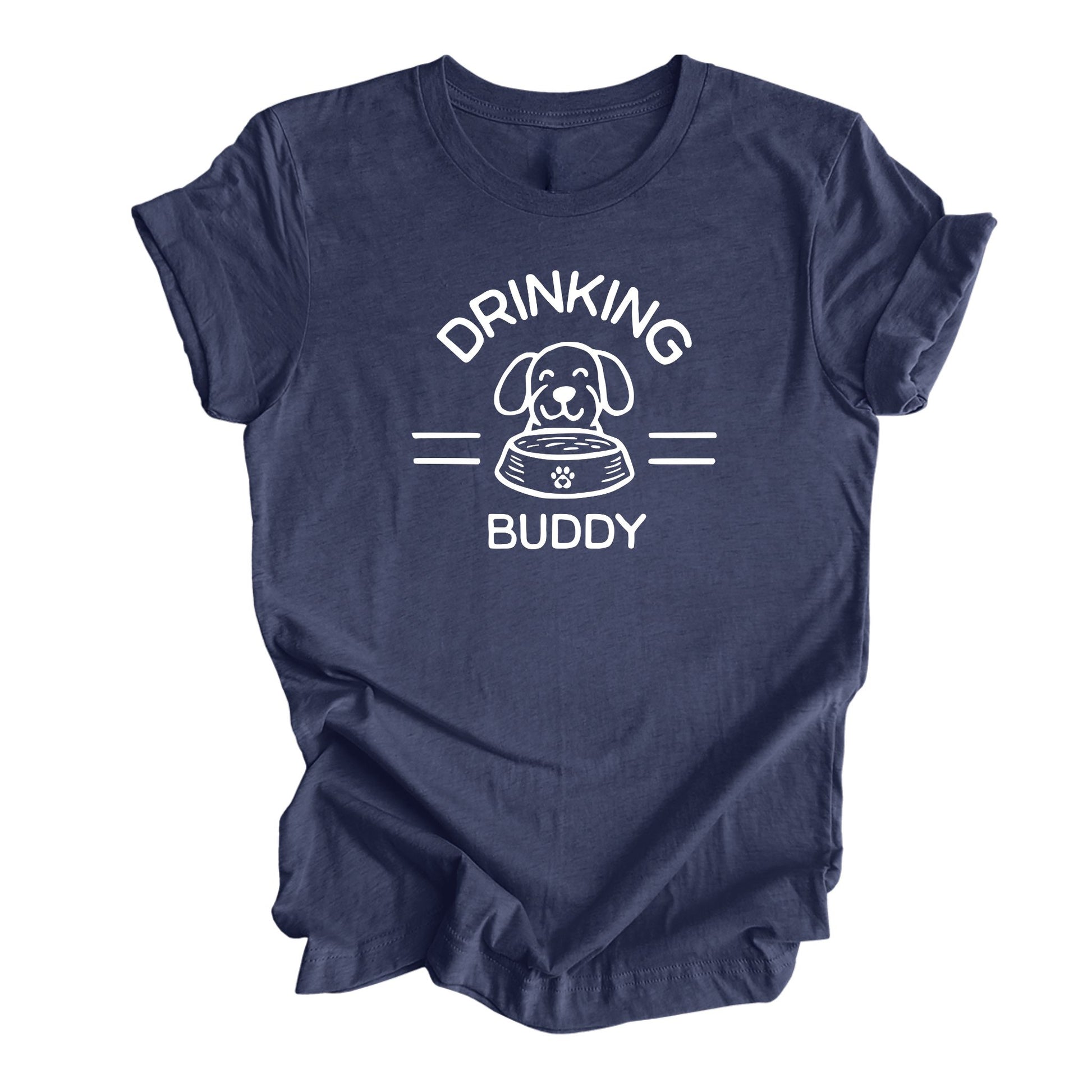 Heather Navey t-shirt featuring featuring a dog and a dog bowl with the text 'Drinking Buddy.' Perfect for dog lovers who enjoy taking their furry friends to outdoor patios and breweries.