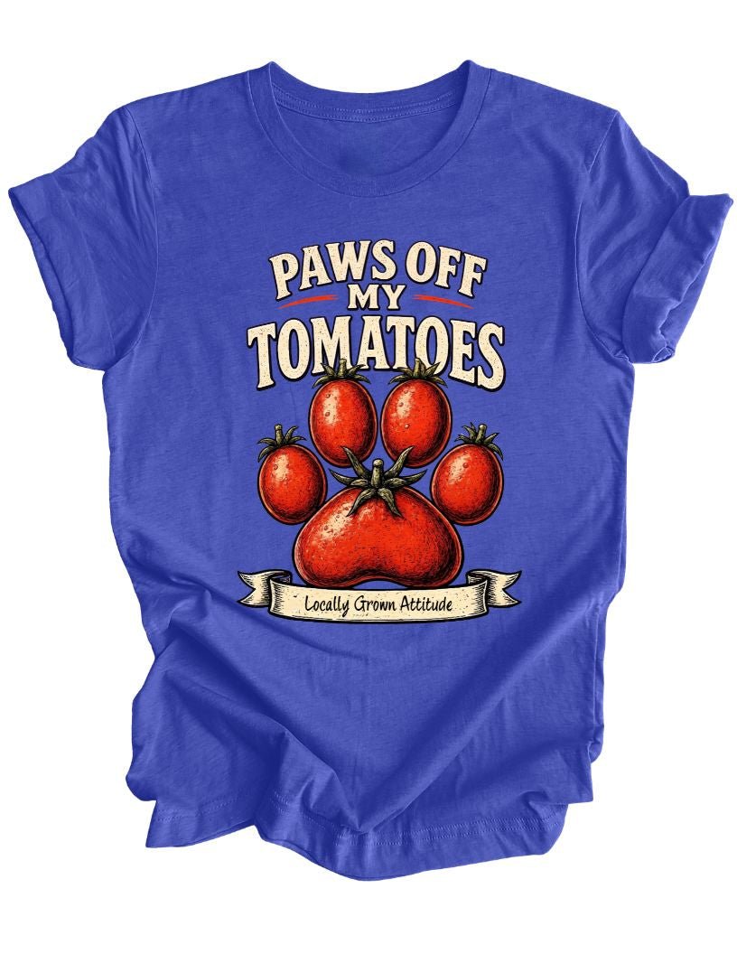 Blue Bella+Canvas t-shirt with Paws Off My Tomatoes design, a dog paw print made of one large tomato and small tomatoes