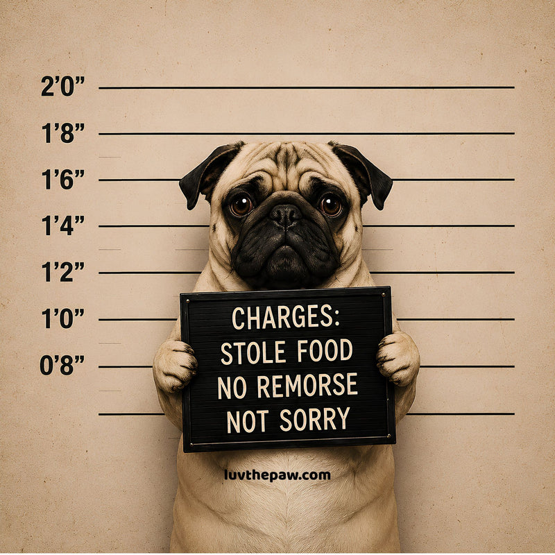 Funny dog coaster with a dog mugshot and food-stealing joke