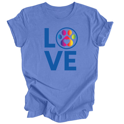 Rainbow LOVE T-shirt with paw print graphic on a blue shirt