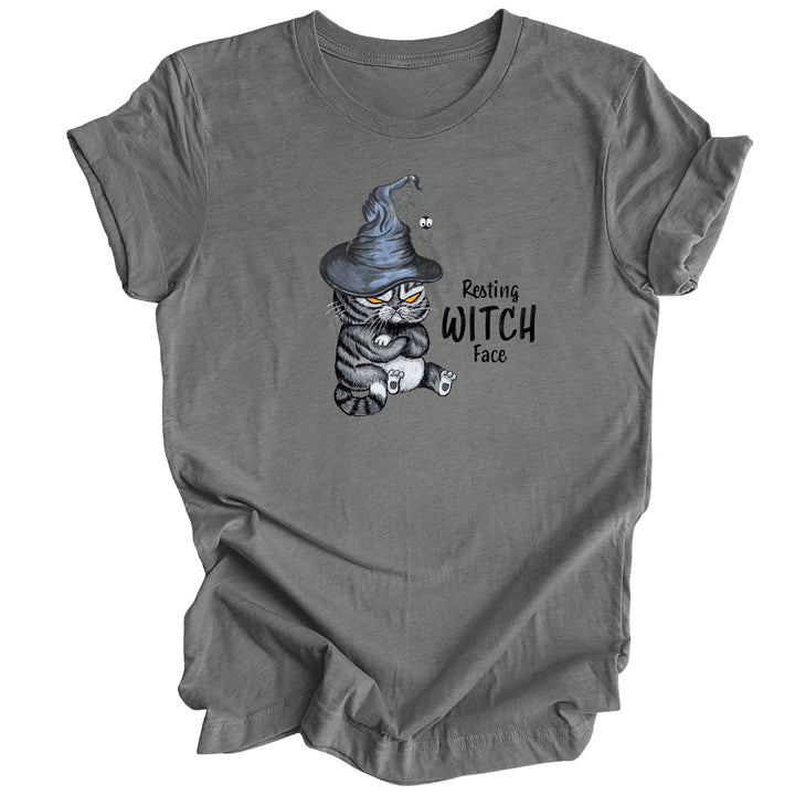 A dark gray t-shirt featuring a cartoon graphic of a grumpy witch cat wearing a pointed hat, with the text &