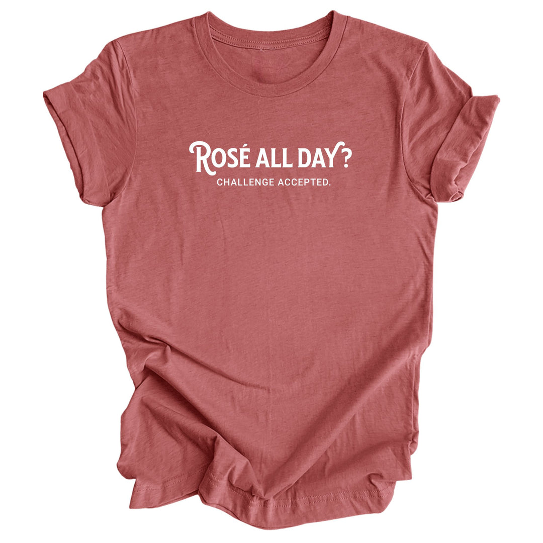 Image of a Heather Mauve unisex shirt featuring the playful phrase 'Rose All Day?' in a simple font, perfect for summer fun and day drinking events. A playful shirt for any wine lover. 