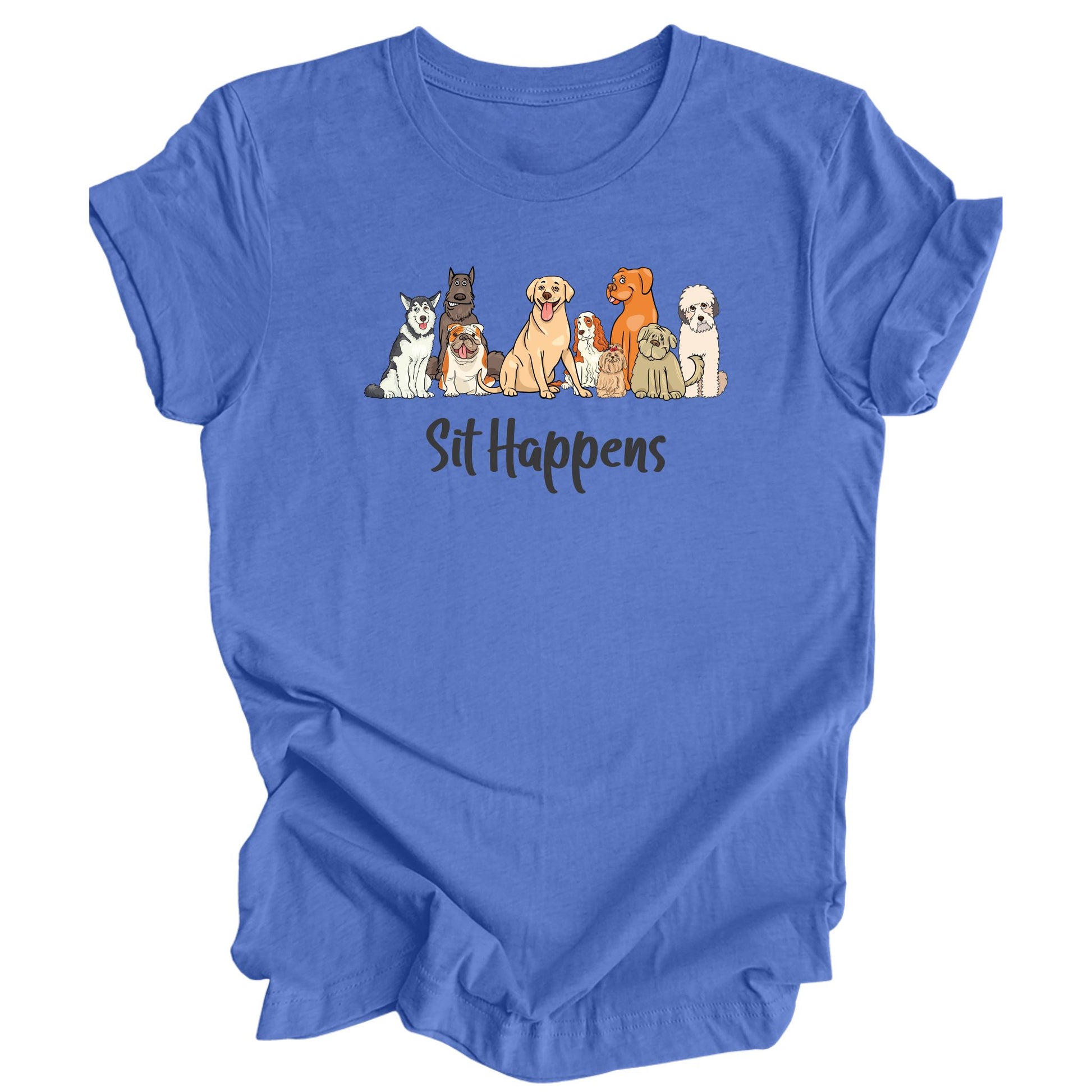 Heather columbia blue t-shirt that has 9 different dog breeds sitting with "Sit Happens" below it.