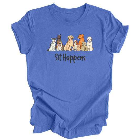 Heather columbia blue t-shirt that has 9 different dog breeds sitting with "Sit Happens" below it.