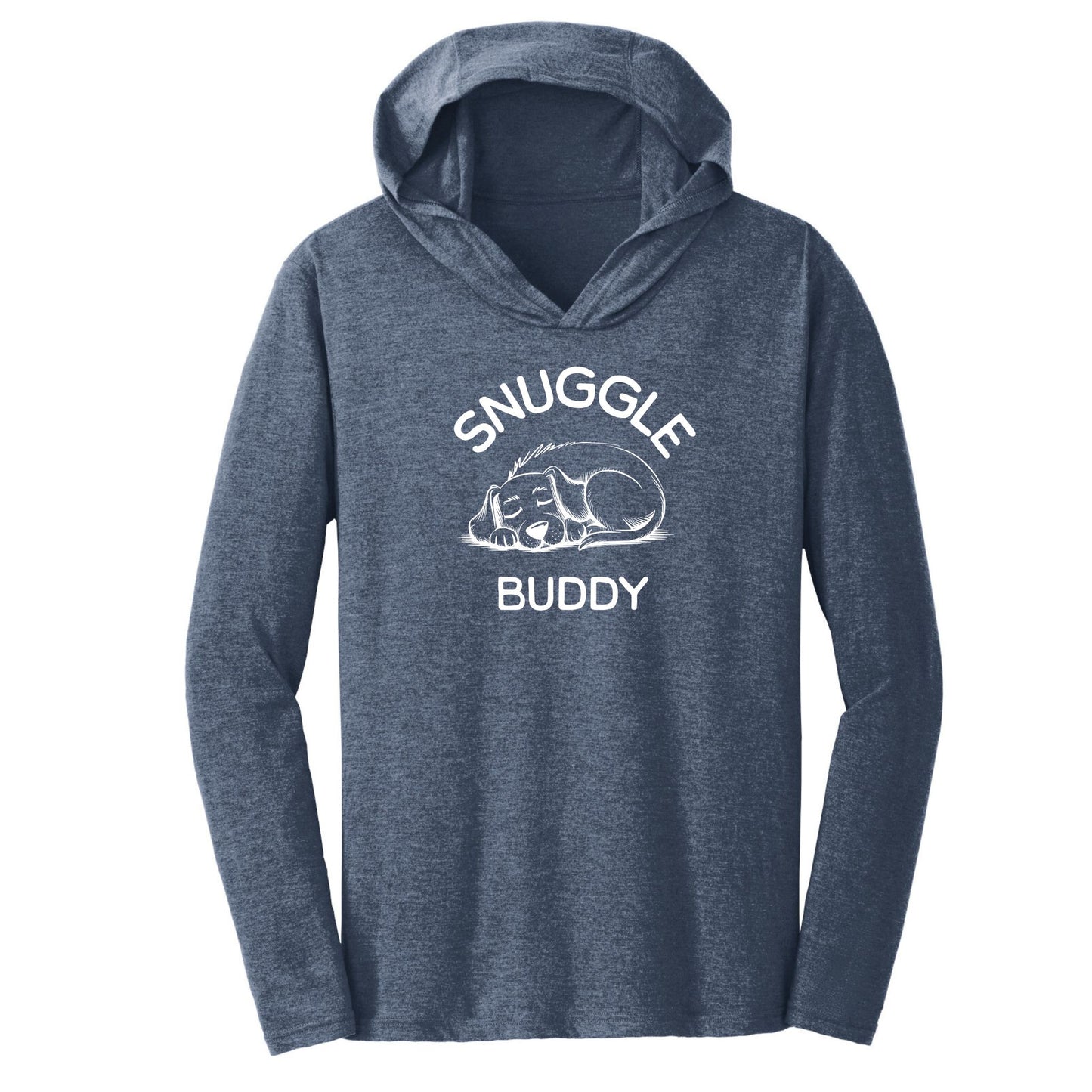 Snuggle Buddy" triblend t-shirt hoodie shown in navy frost