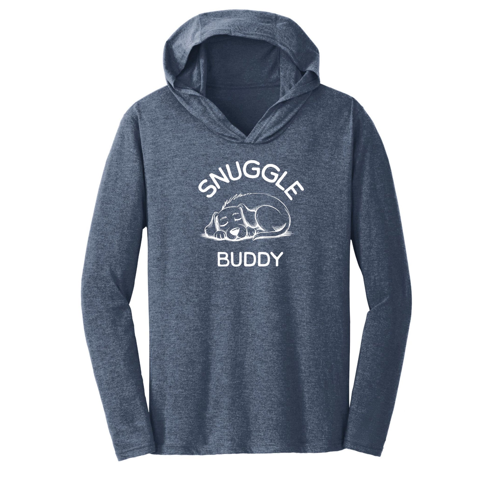 Snuggle Buddy" triblend t-shirt hoodie shown in navy frost