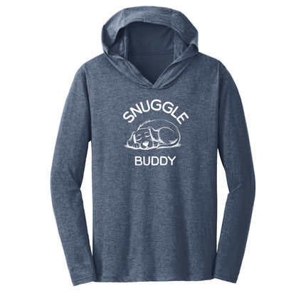 Snuggle Buddy" triblend t-shirt hoodie shown in navy frost