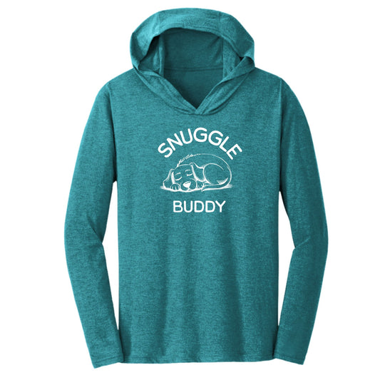 Snuggle Buddy" triblend t-shirt hoodie shown in heathered teal
