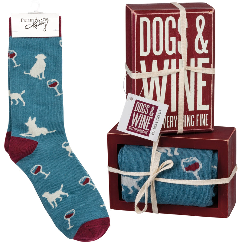 Dogs and Wine Make Everything Fine box sign and patterned socks gift set
