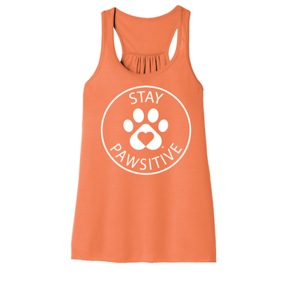 Women’s Stay Pawsitive tank top in tangerine. It features the Luv the Paw Logo paw print with heart and Stay Pawsitive Text - lightweight racerback style perfect for yoga and pet lovers.
