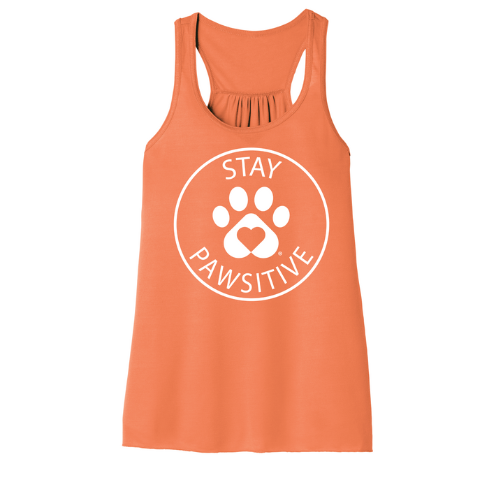 Women’s Stay Pawsitive tank top in tangerine. It features the Luv the Paw Logo paw print with heart and Stay Pawsitive Text - lightweight racerback style perfect for yoga and pet lovers.